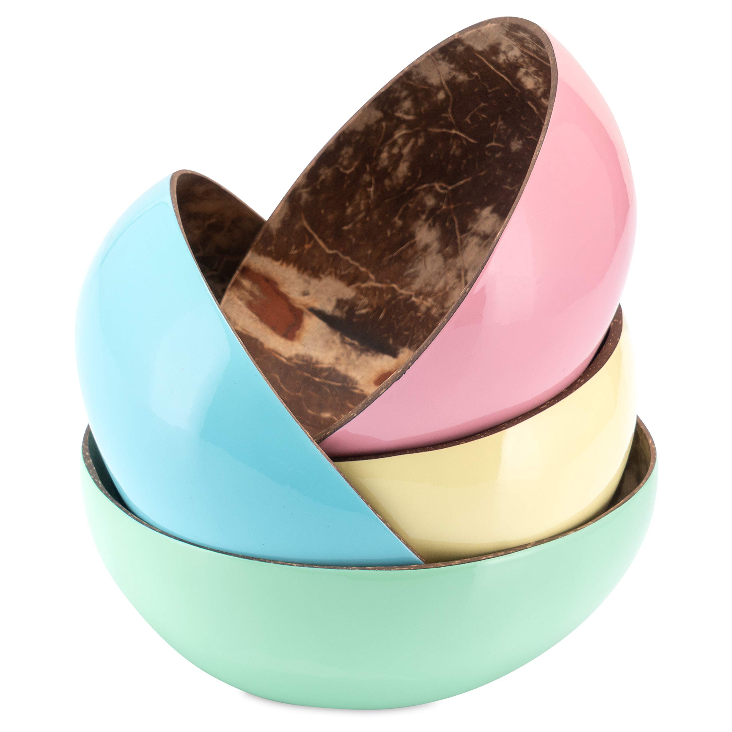 Decorasian Real Coconut Bowl - Coconut Bowl - Coconut Bowl Inside Polished Decorative Lacquered Exterior - Set of 4 Yellow, Blue, Pink, Mint