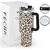 FECBK 40 oz Tumbler with Handle and Straw, 100% Leak-Proof Travel Mug, Stainless Steel Double Wall Vacuum Insulated Coffee Cup Keeps Cold For 34 Hours, Cheetah