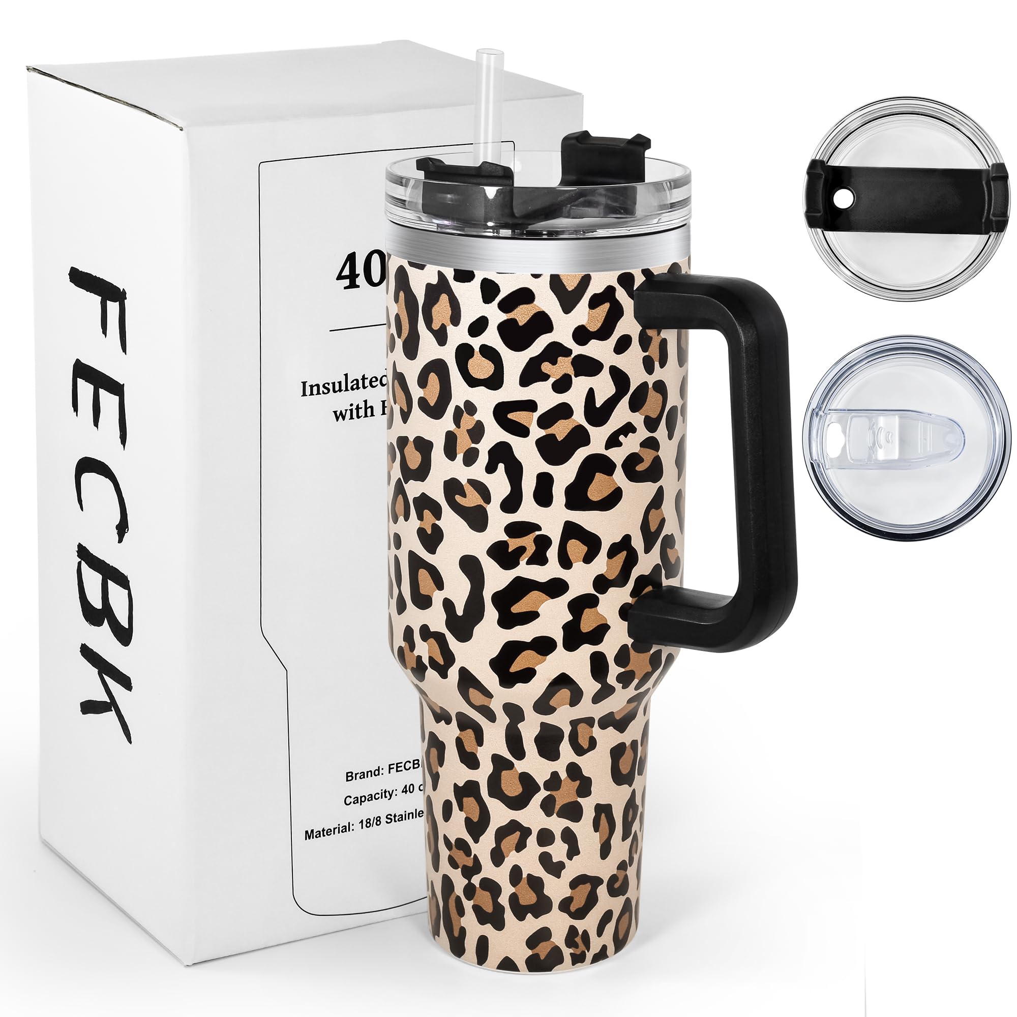 FECBK 40oz Tumbler with Straw and Lid 1.2L, 100% Leak-Proof Travel Mug with Handle, Stainless Steel Vacuum Insulated Water Bottle Coffee Cup Keeps Cold 34H / Hot 12H, Cheetah — image 1