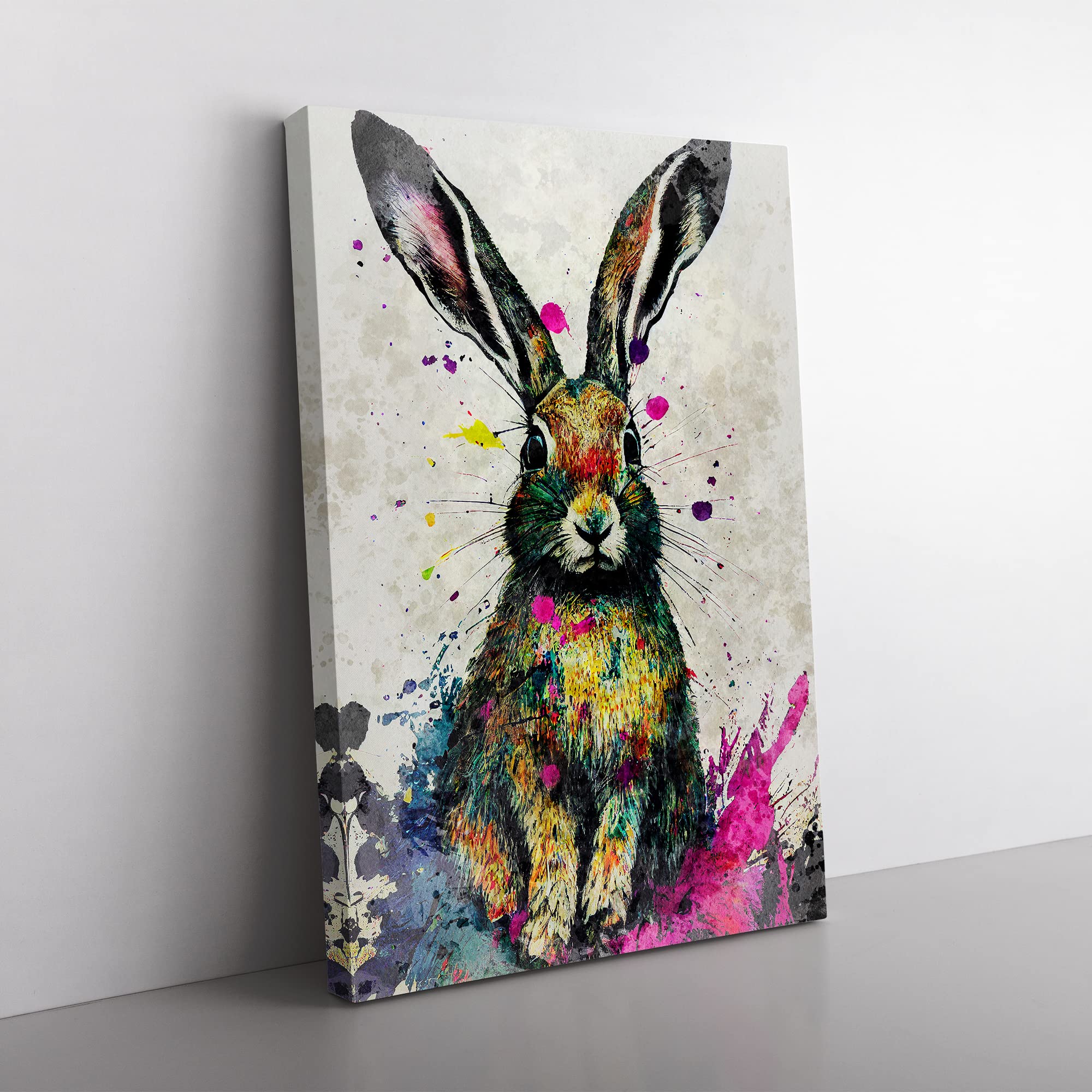 Colourful Watercolour Hare No.3 Canvas Wall Art Print Ready to Hang, Framed Picture for Living Room Bedroom Home Office Décor, 50x35 cm (20x14 Inch)
