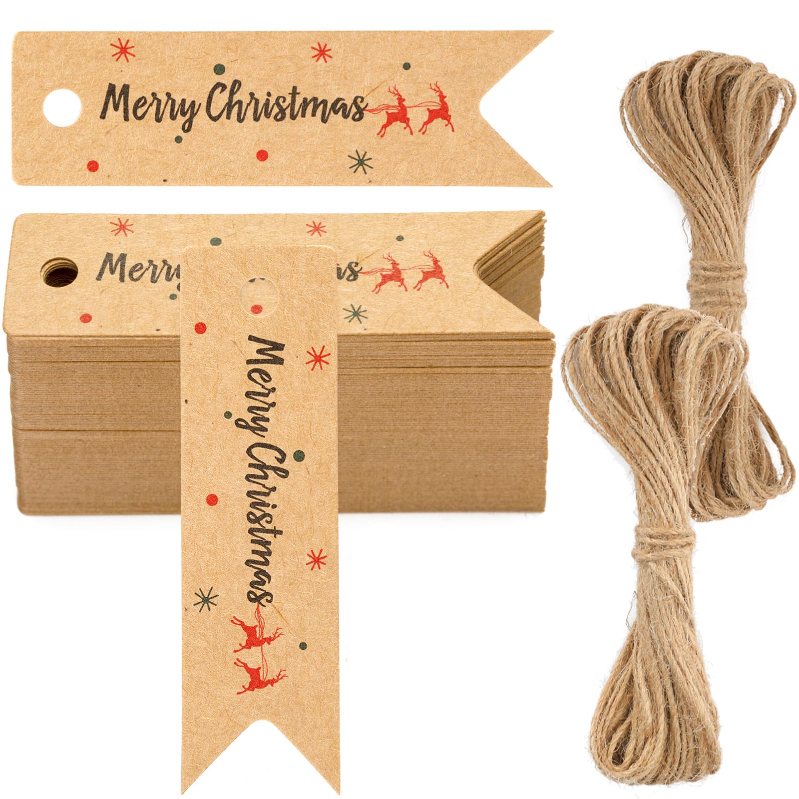 G2PLUS Small Merry Christmas Tags, 2 x7 cm Brown Christmas Lables for Pesents, 100PCS Xmas Gift Tags with String for Gift Wrapping Decoration