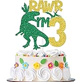 Rawr I’m 3 Cake Topper, Happy 3rd Birthday Cake Decor for Boys, Three Rex, Dinosaur Jungle Safari Theme 3rd Birthday Party Decorations Supplies Green Glitter
