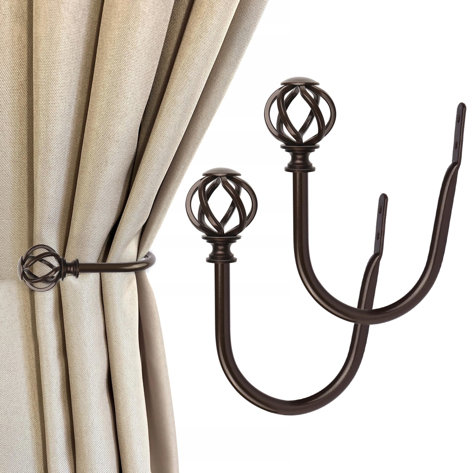 Photo 1 of 2 Pack Bronze Curtain Holdbacks, USFOOK Decorative Window Drapery Tiebacks (2 Pack/1 Pair), Curtain Tie Back Hooks for Wall with Twisted Cage Finials (3.45" L x 5.35" W)