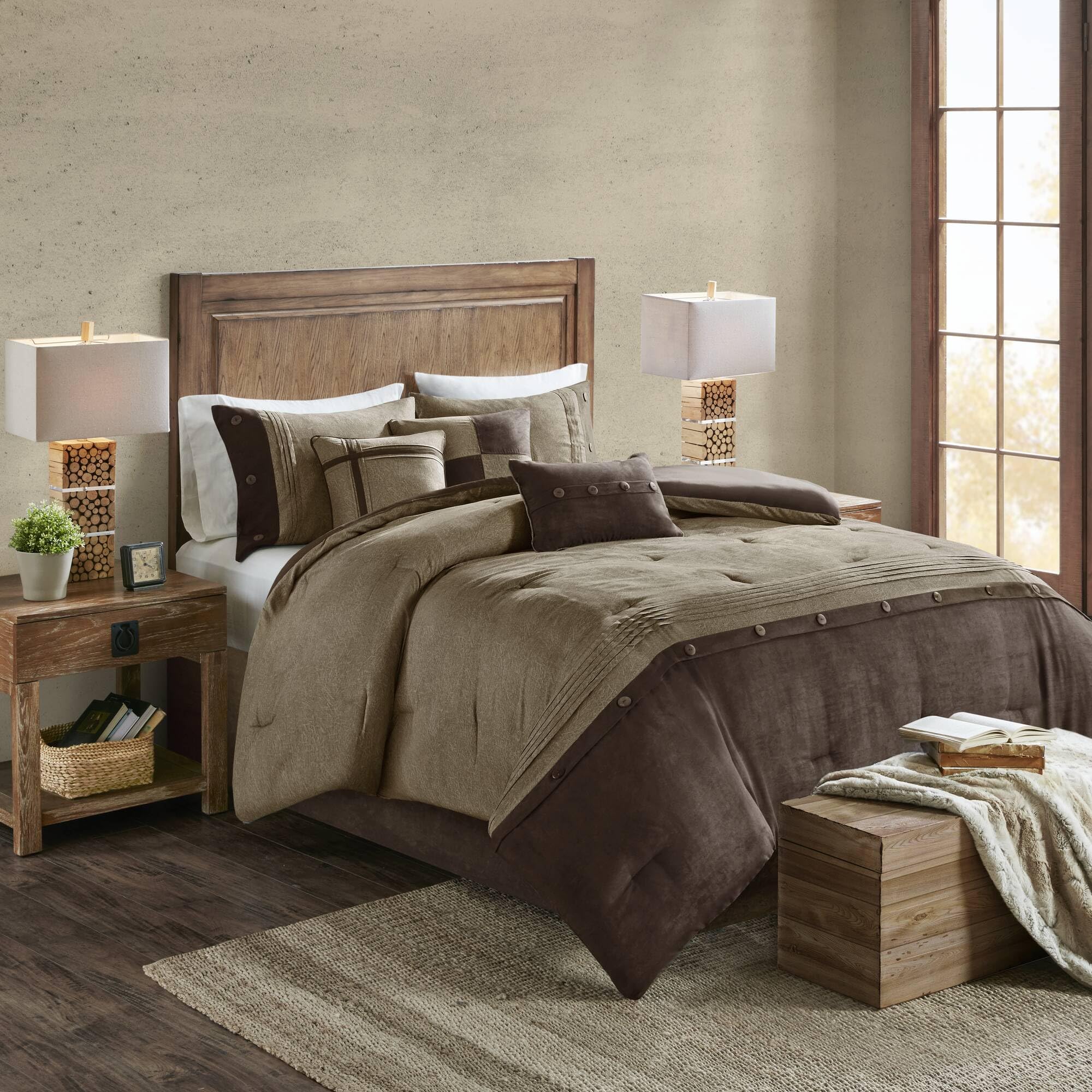Photo 1 of ***FINAL SALE, NO RETURN***Madison Park Boone Cozy Comforter Set, Faux Suede, Deluxe Hotel Styling All Season Down Alternative Bedding Matching Shams, Decorative Pillow, Queen (90 in x 90 in), Rustic Brown 7 Piece