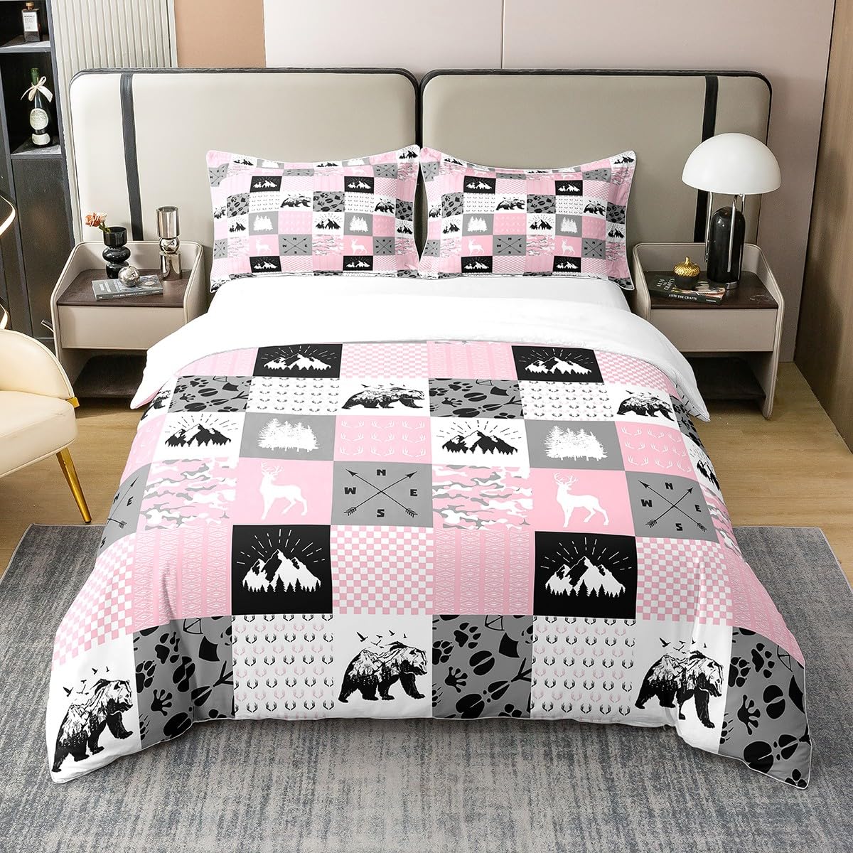 Rustic Camping 100% Cotton Duvet Cover King,Hunting Bear Deer Comforter Cover for Girls Boys,Buffalo Plaid Patchwork Bedding Set,Lodge Woodland Farmhouse Bedspread Cover,Pink Black Grey