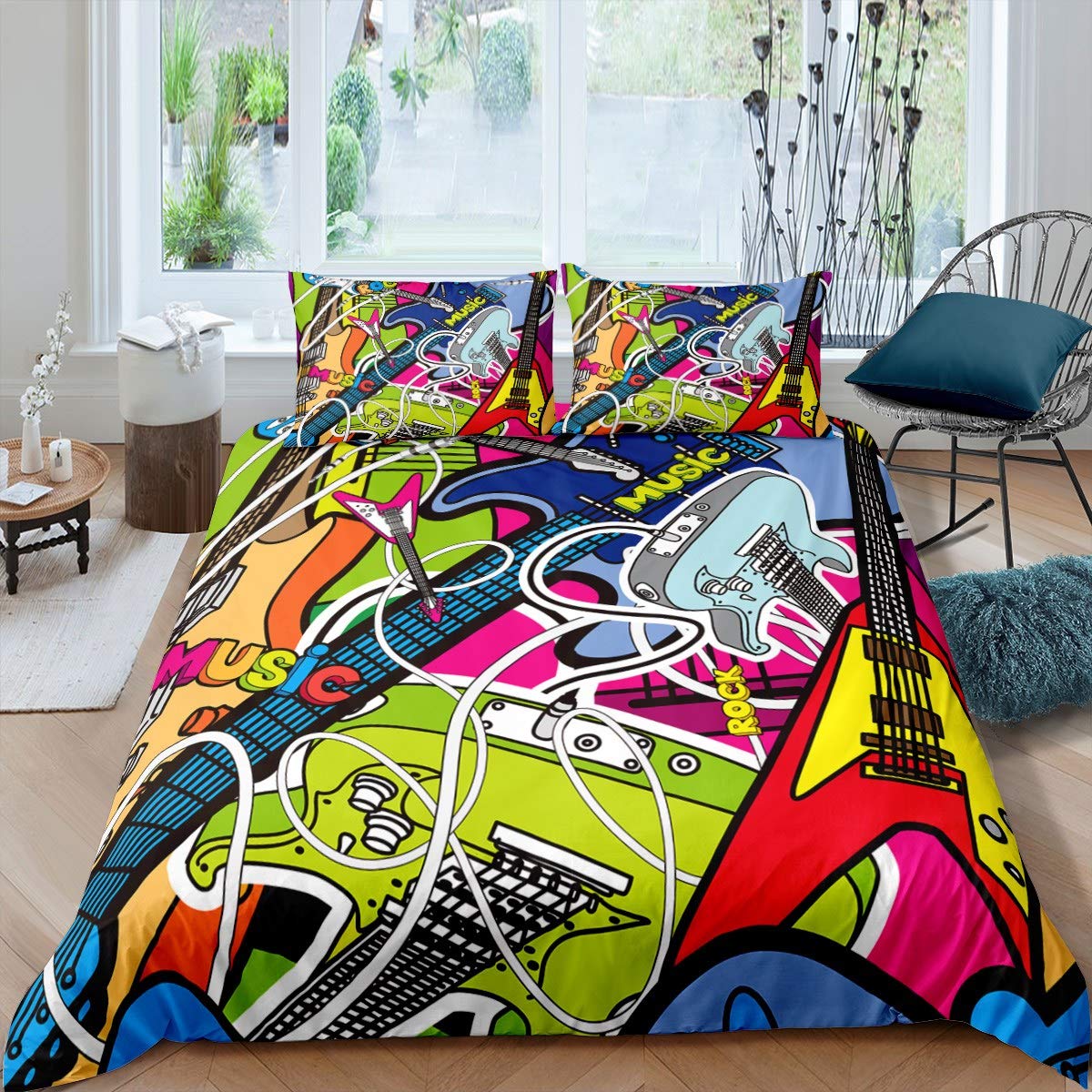 Loussiesd Guitar Duvet Cover Teens Rock Music Themed Bedding Set Hip Hop Street Culture Comforter Cover for Boys Youth Lightweight Hippie Graffiti Bedspread Double Size With 2 Pillow Case