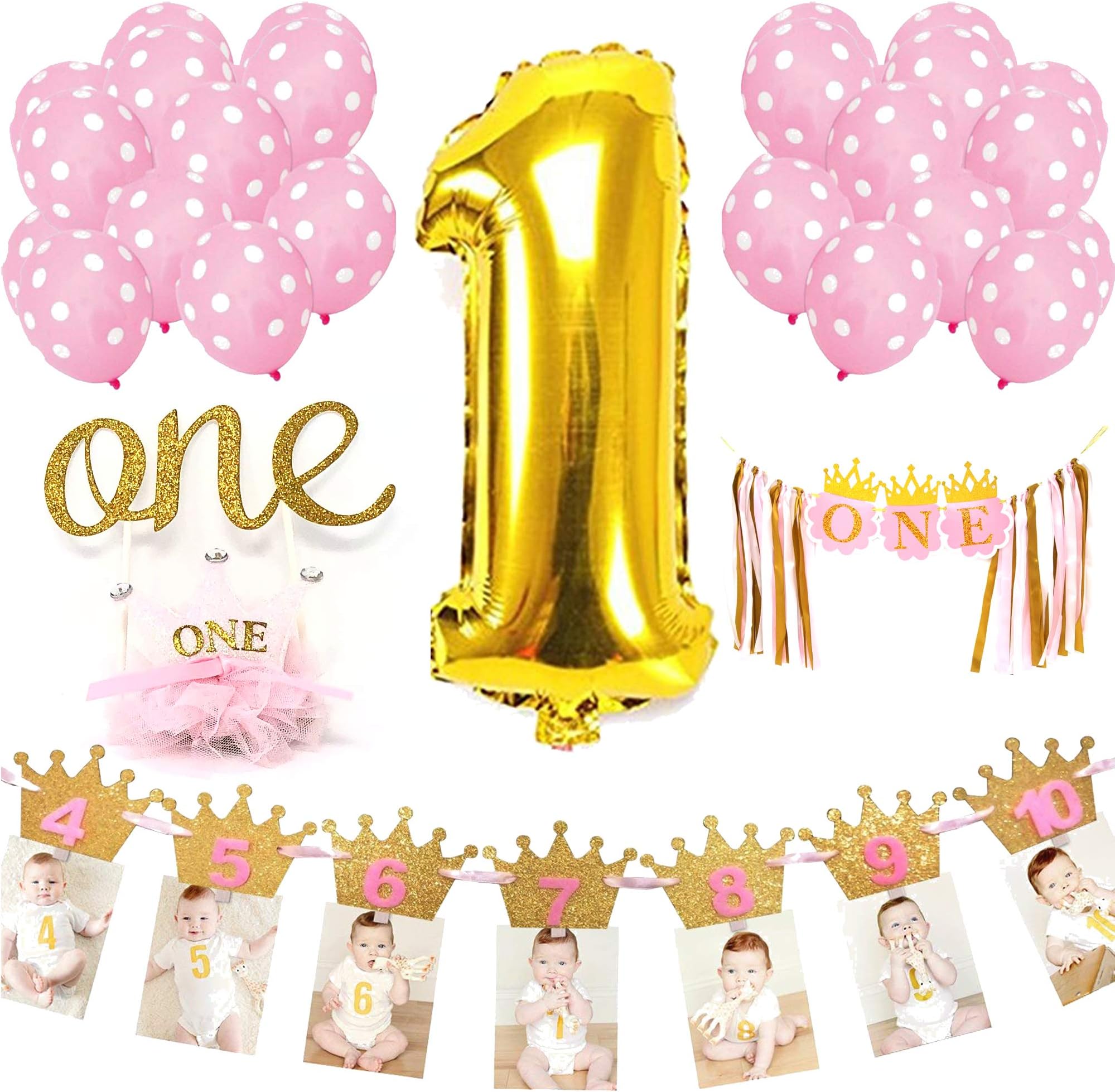 Bright Tricks Baby's First Birthday Decorations for Girls | 12 Month Photo Banner, One Cake Topper, 1 Balloon, 12 Pink Balloons with White Polka Dots, Banner for High Chairs & Crown Headband