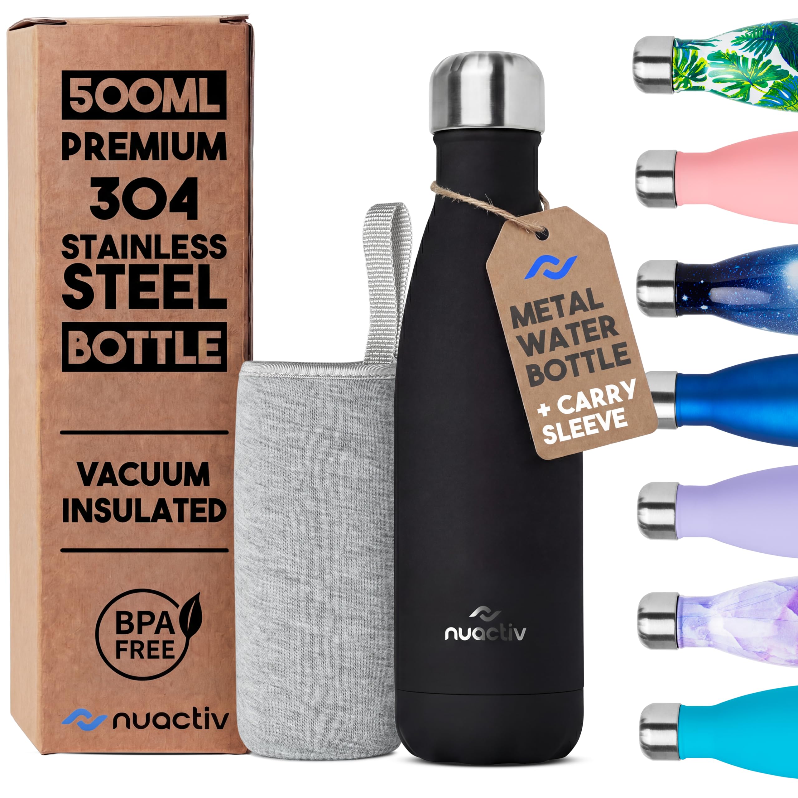 Nuactiv Stainless Steel Water Bottle 500ml, Vacuum Insulated Metal Flask, Leakproof, BPA Free, Reusable Sports Flask, Keeps Drinks Cold 24h & Hot 12h, for Gym, Travel, Work & School