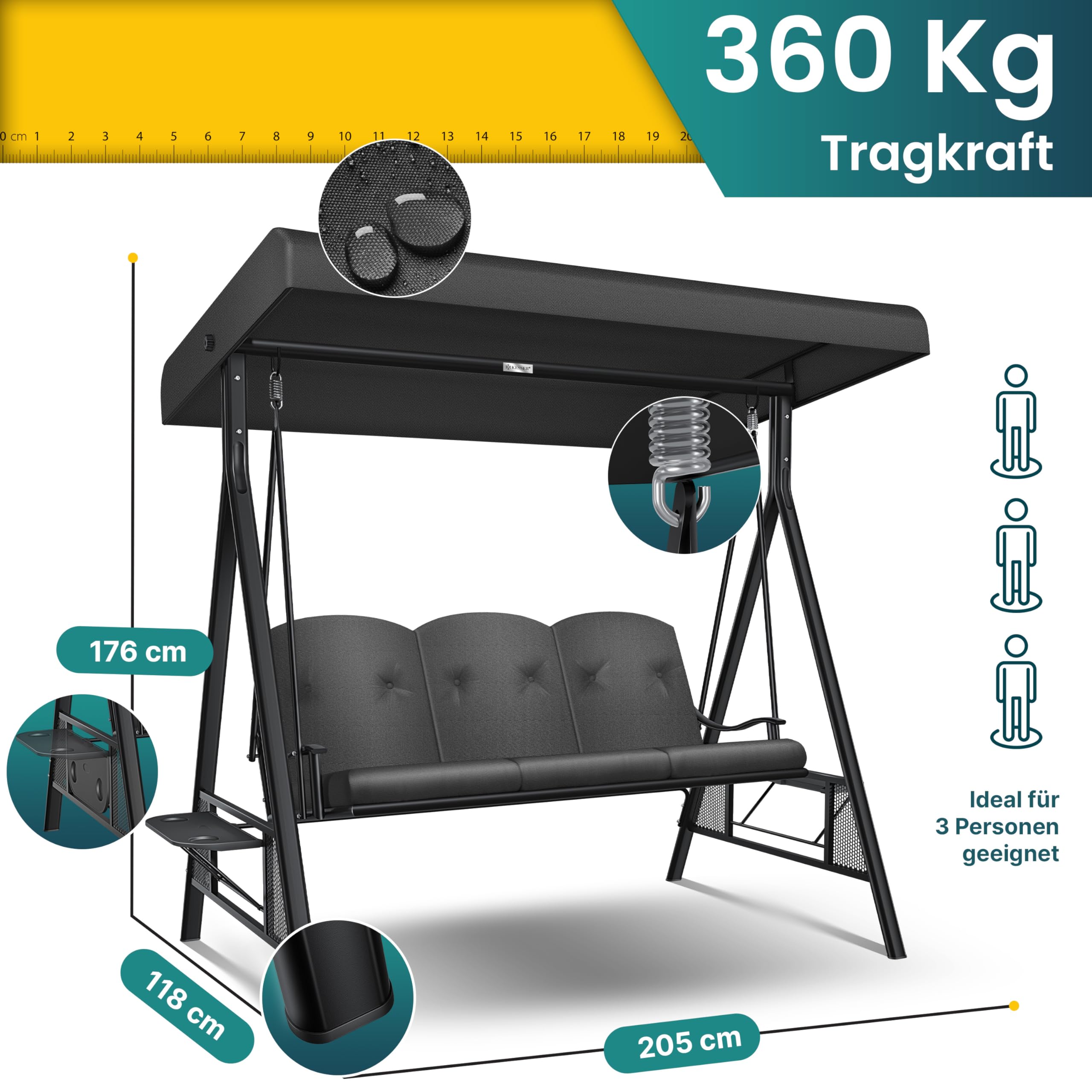 KESSER® Hollywoodschaukel mit Sonnendach 3-Sitzer & Sitzpolster-Auflage | Gartenschaukel bis 360kg belastbar | Gartenliege mit Anti-Rutsch-Füßen | Schaukelbank wasserabweisend für Outdoor & Indoor 2