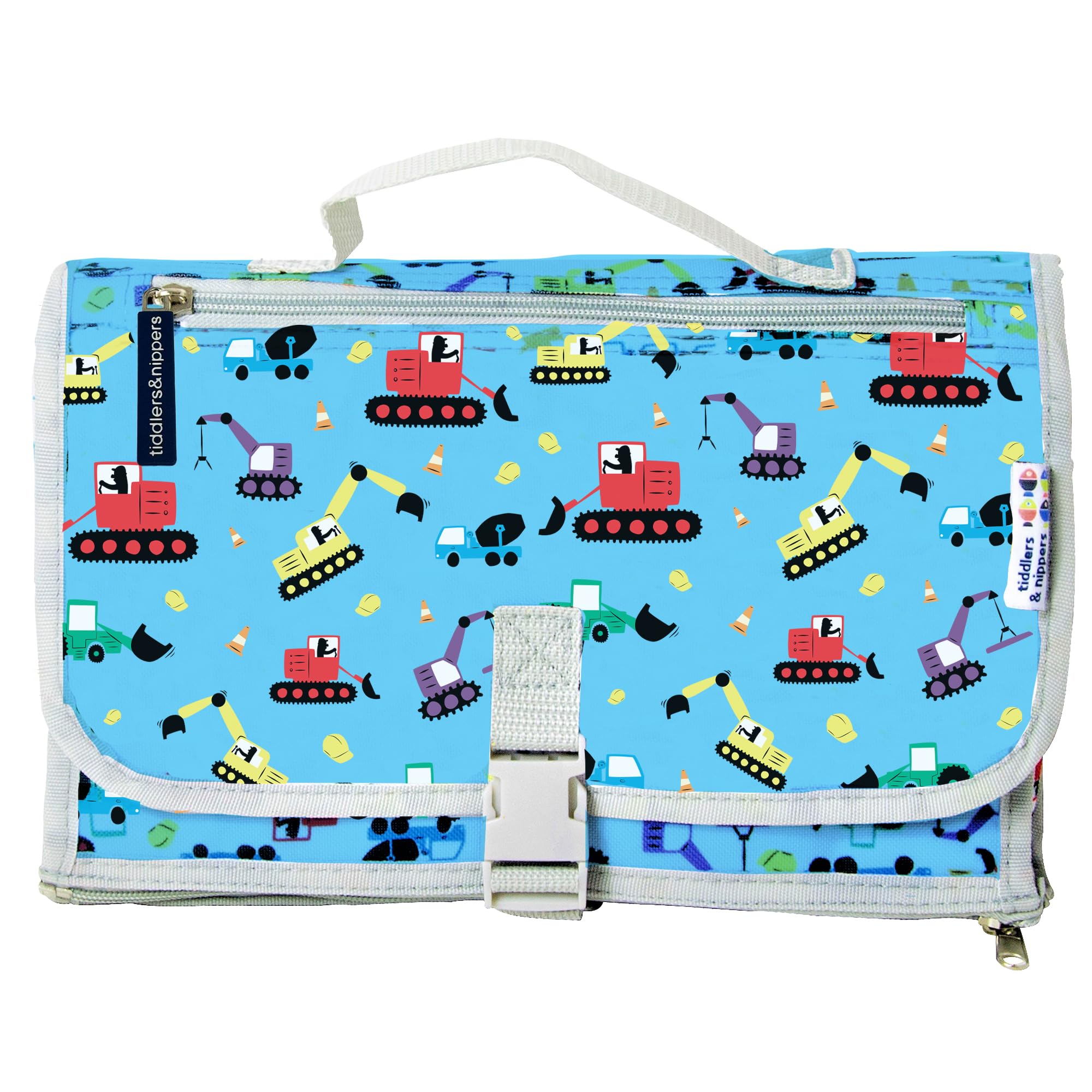 tiddler Easy-Change mat | Portable Baby & Toddler Travel Changing Mat | Expandable, Lightweight & Wipe Clean | Multiple Zipped Pockets, Padded Lining, Detachable Clutch & Clip (Diggers & Lorries)