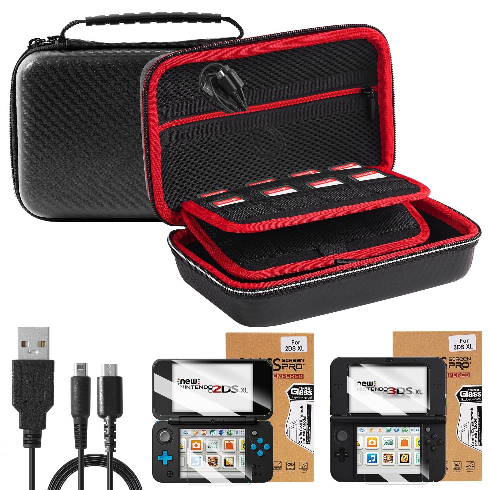 Jekarsy Three-in-One Kit for Nintendo 2DS XL/ 3DS XL ，Anti-Collision Carrying Case with EVA Material Covered , 2 Pack HD Front and Back Screen Protectors(3ds xl screen protector+ 2ds xl screen protector), 2 in 1 Usb Cable