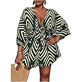 SOLY HUX Women's Plus Size Romper Striped V Neck Tie Front 3/4 Sleeve Loose Short Jumpsuit