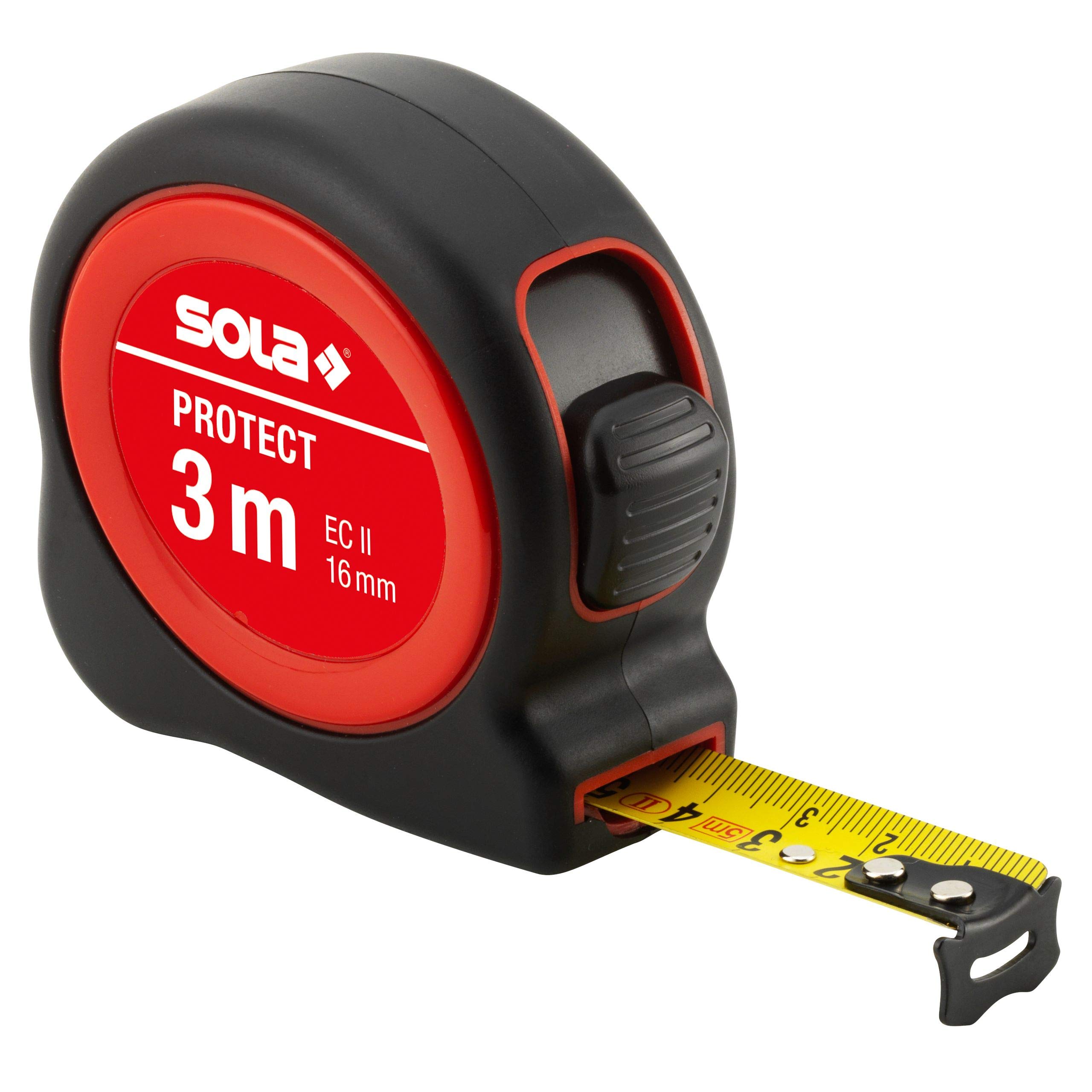 SOLA Protect Tape Measure - 3 m / 16 mm - Robust Tape Measure with Belt Clip - Steel Tape, Yellow Painted with mm Scale - Accuracy Class II - Roll Meter with Movable End Hook - Length 3 m / 16 mm