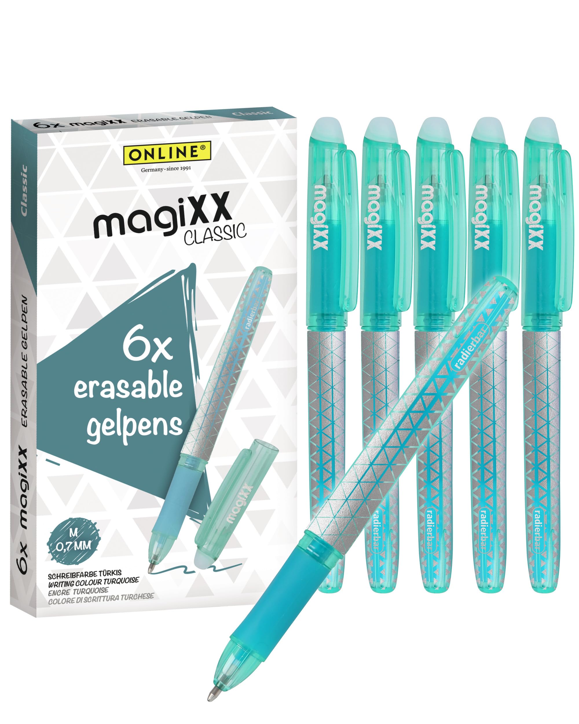Online MagiXX Erasing Pens, 6 x Gel Pens Turquoise with 0.7 mm Line Width, Rollerball Pen Erasable for Learning to Write & Office, Pen Set, Ballpoint Pen for Students, Students