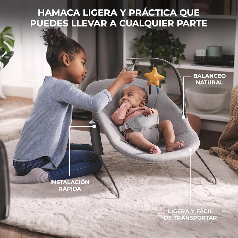 ENOCK Trona bebé de Madera + Hamaca Bebé CALMEE, portatil, para niños, Silla alta Infantil, Evolutiva, Ergonómica, Barrera y Bandeja, Gris