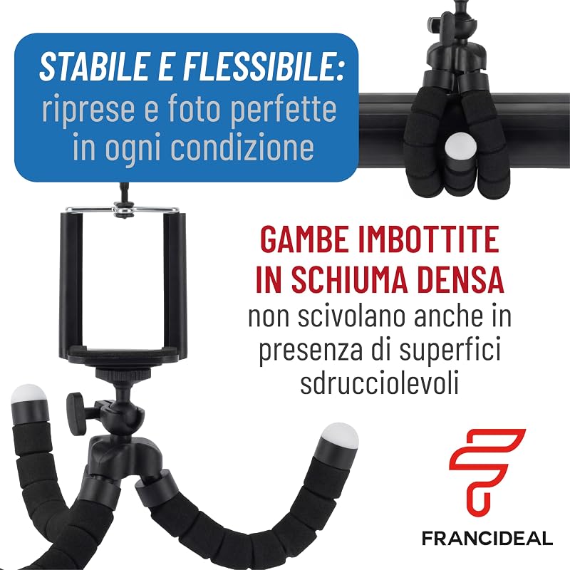 FRANCIDEAL - Cavalletto per Smartphone con Gambe a Polipo, Testa 360°, Compatto e Leggero