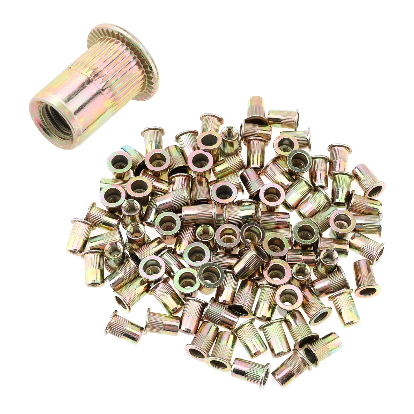 Smgda 100pcs M6 Rivet Nuts, Metric Zinc Plated Carbon Steel Flat Head Threaded Insert Nuts, Rivnuts Assortment Clinching Pressure Nutsert for Furniture/Automotive/Decoration