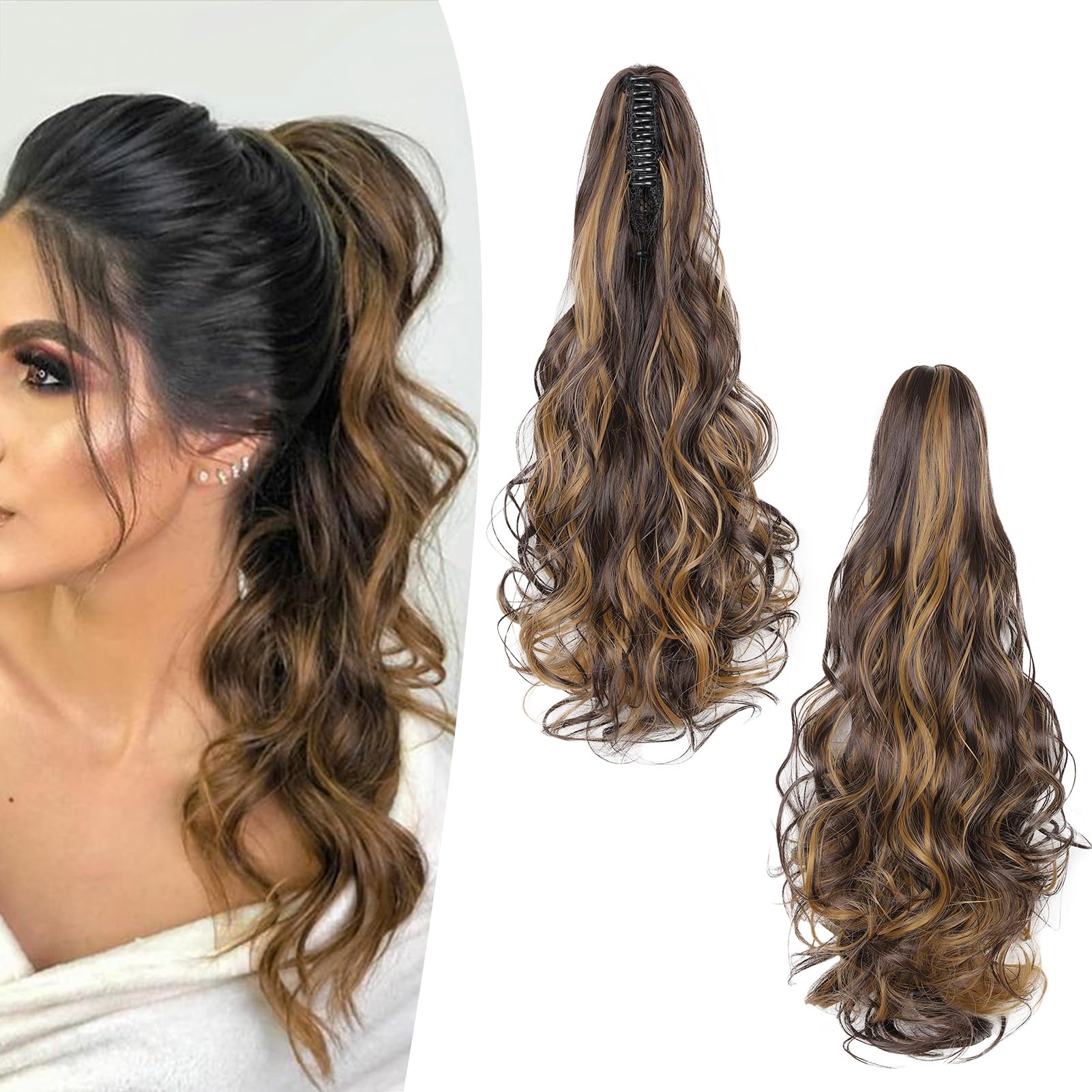 Gairyan 20inch Ponytail Extension Clip in Ponytail Hair Extensions Curly Wavy Pony Tails Claw on Ponytail Long Wave Synthetic Hairpieces for Women Soft Real Look (Medium Brown & Dark Blonde)