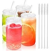 Joyclub 4pcs Glass Cups with Acrylic Lids and Straws 16 oz Can Shaped Glass Iced Coffee Cups with Lids and Straws, Cute Tumbler Cup Drinking Glasses for Smoothie Whiskey Boba Soda Tea Gift