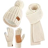 Uerymit Womens Winter Beanie Hat Scarf Gloves Set Warm Knit Beanie with Pom Pom Long Scarf Touchscreen Gloves 3 in 1 Set
