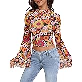 BEAUDRM Women's Y2K Floral 70s Top Hippie Shirt Sheer Mesh Tee Shirt Disco Long Bell Sleeve T Shirts Crew Neck Boho Crop Tops
