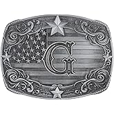 Flipslo Western Belt Buckle for Men Women, Initial Letter ABCDJRM to Z Silver Cowboy Belt Buckles American Flag Accessories
