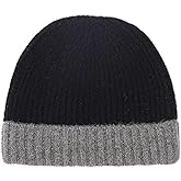 Pure 100% Cashmere Bi-Color Beanie for Men, Warm Soft Mens 3Ply Cashmere Beanie Hat in a Gift Box; Ultra Plush