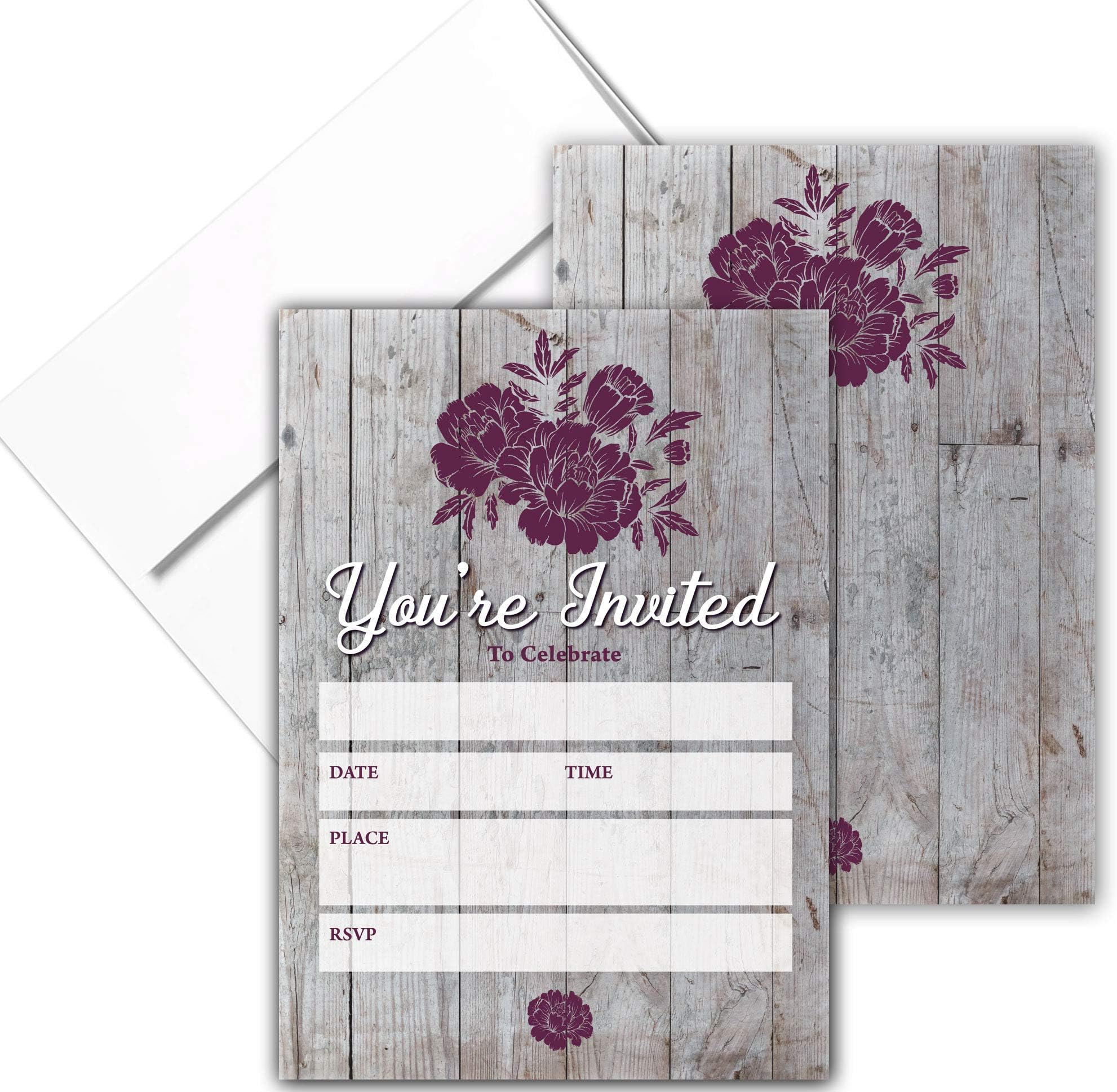 Rustic Wood & Flower Fill-in Party Invitations with Envelopes - 25 Invites & Envelopes - Wedding, Baby Shower, Rehearsal Dinner, Birthday Party (Rustic Purple Flower)