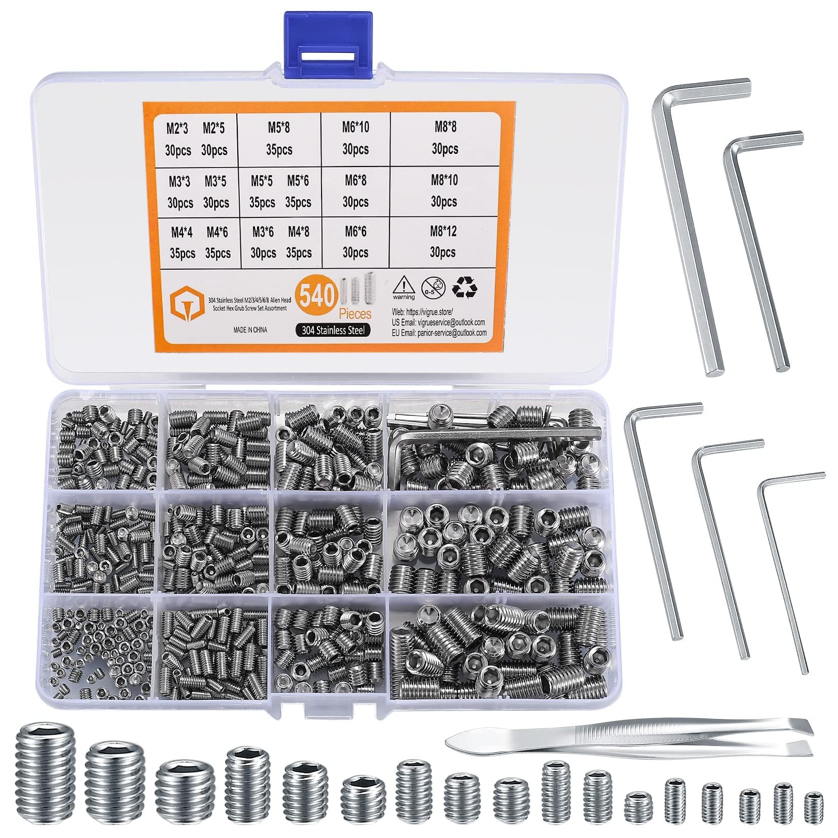 TOP-VIGOR 540Pcs Grub Screw Assortment Set, M2/M3/M4/M5/M6/M8 Hex Socket Head Set Screws(Cup Point), Threaded Fasteners for Door Handle, Faucet, Light Fixture Home Repairs, Fixtures