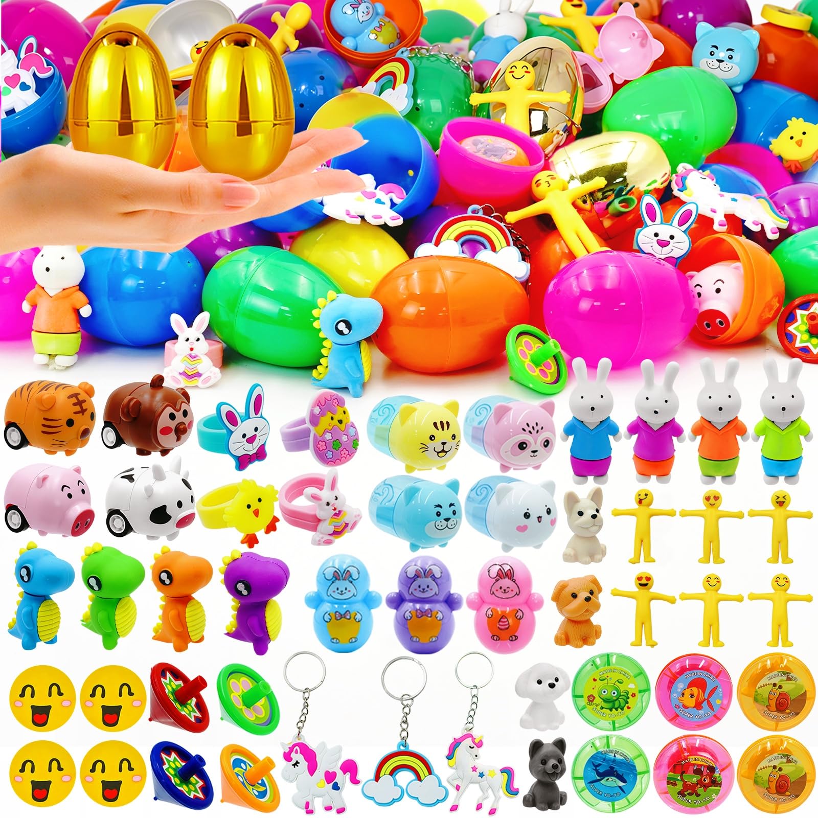 PIONJOY 50PCS Prefilled Easter Eggs with Toys ,50 Plastic Easter Eggs Fillers with Assorted Toys Easter Basket Stuffers for Kid Toddler Boys Girls Party Favors