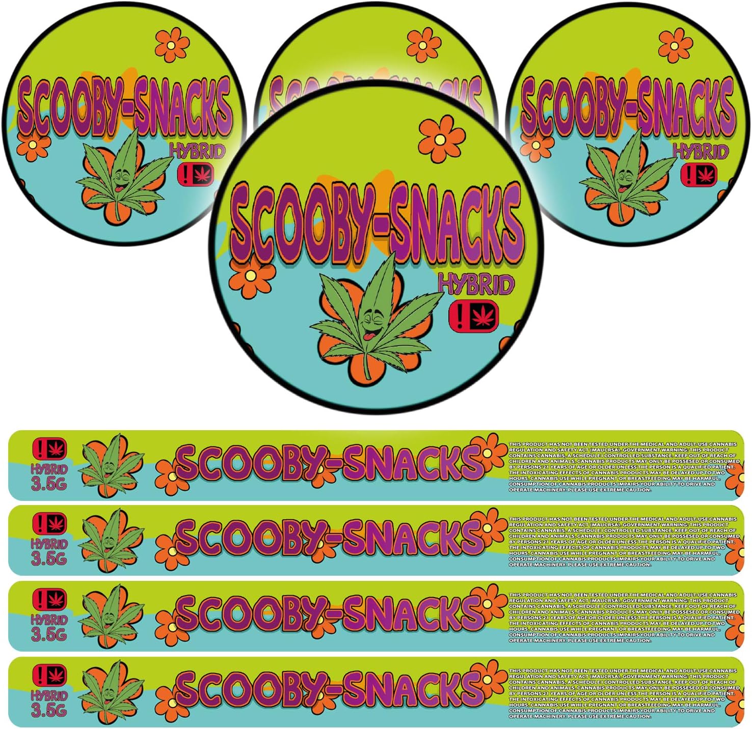 100ml Pressitin Stickers - Lid and Label - 3.5g Cali Press Tin Stickers - Scooby Snacks x30