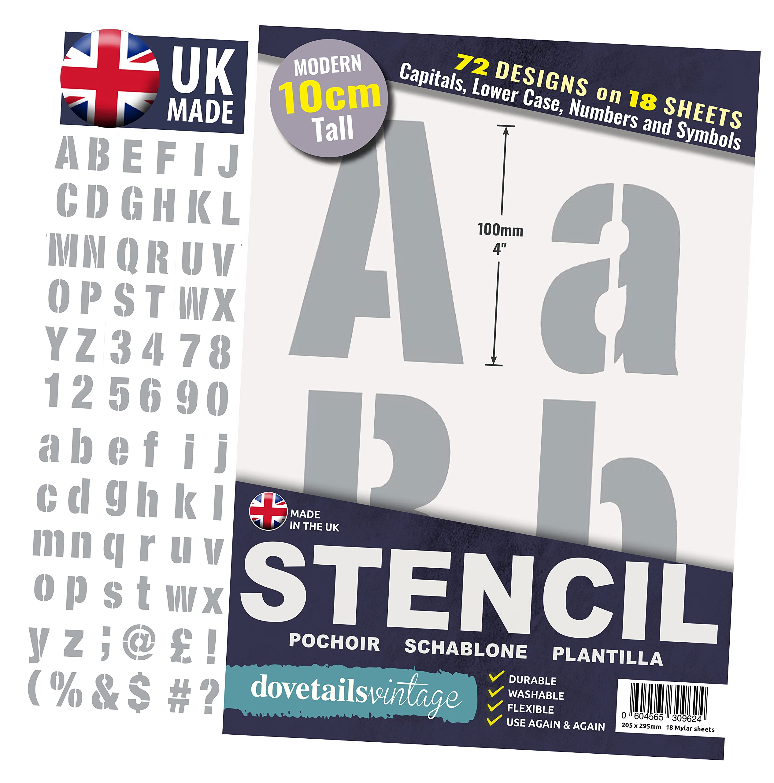 Dovetails Vintage 10 cm Tall Letter Stencil Kit - Modern Style Upper and Lower Case with Numbers and Symbols