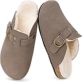 Womens Fur Lined Suede Clogs Mens Fuzzy Leather Mules Cork Footbed Slip On Winter Potato Shoes with Arch Support