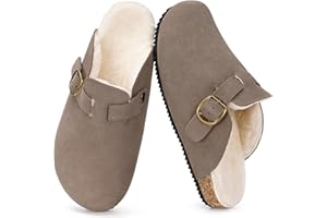 INTINI Womens Fur Lined Suede Clogs Mens Fuzzy Leather Mules Cork Footbed Slip On Winter Potato Shoes with Arch Support