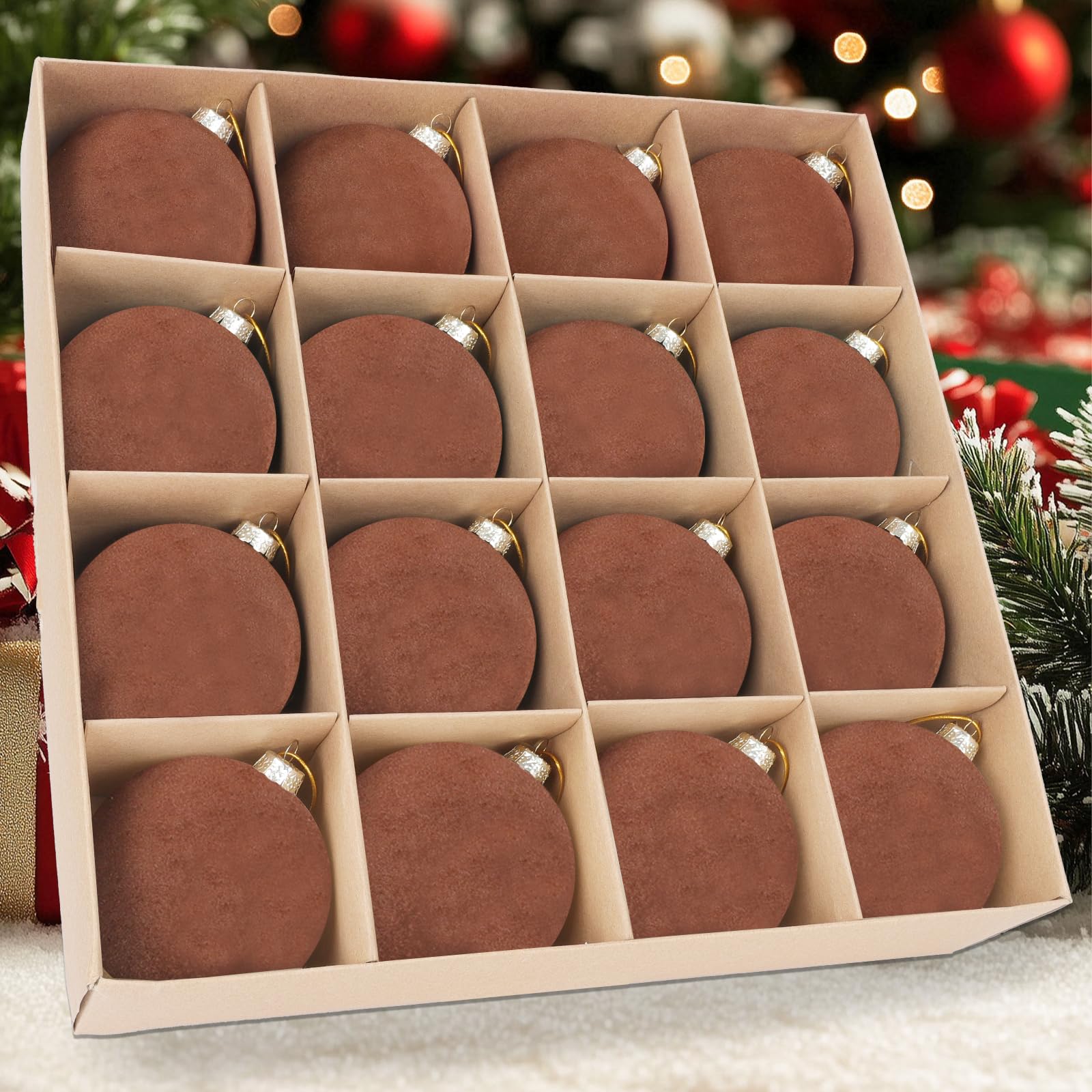 Photo 1 of 16 Pcs Velvet Brown Ornaments Set for Christmas Tree Decorations - 3.15 Inch Flocked Christmas Balls, Hanging Shatterproof Bulk Bulbs, Xmas Baubles for Wreath, Mantel, Stair Railings, Gift Packages