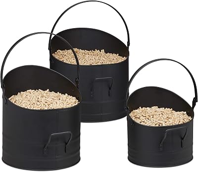 Relaxdays Pellet Bucket Set 3 Metal Fireplace Coal Container Black 21-30cm