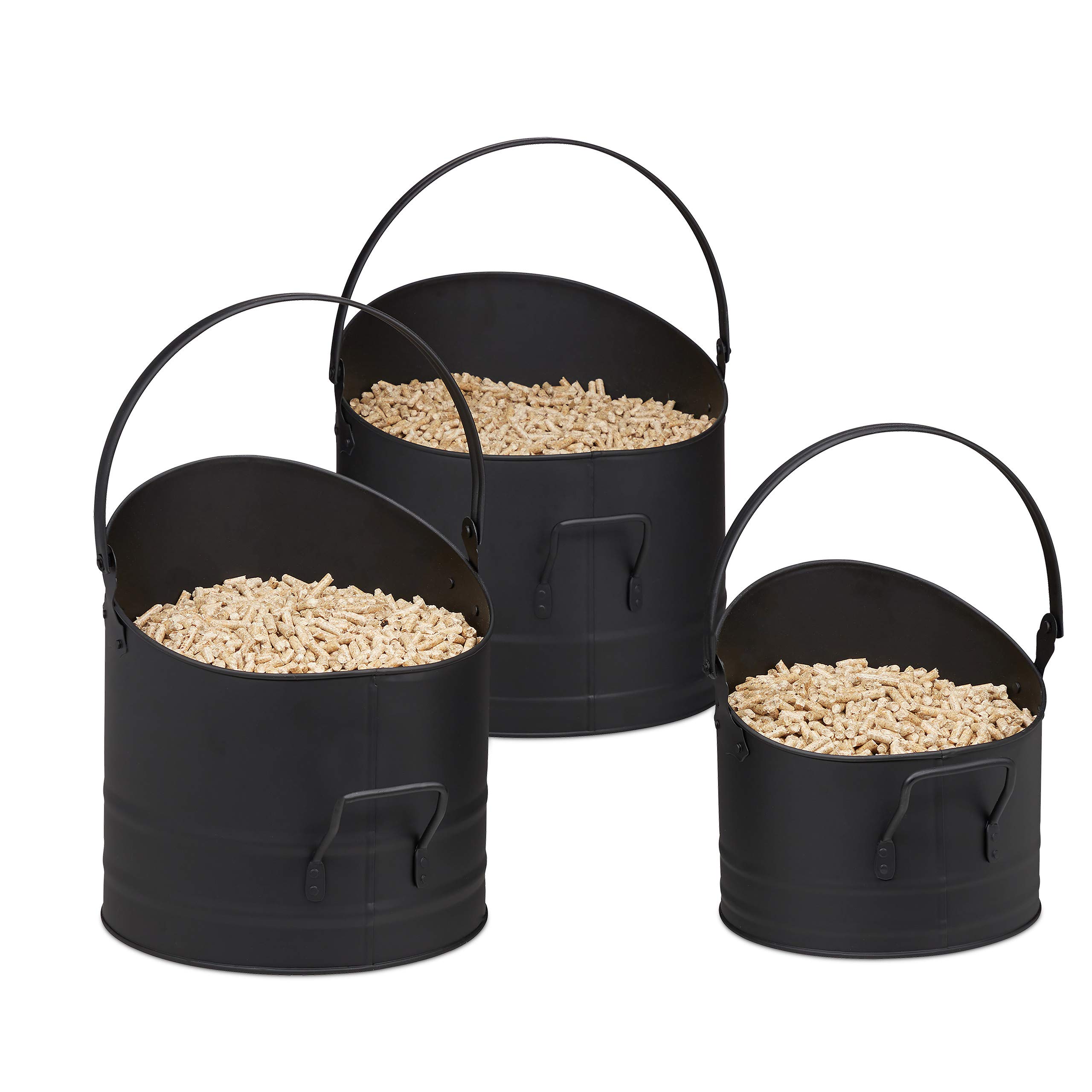 Relaxdays Pellet Bucket, Set of 3, ∅ 21, 25 & 30 cm each, Handle & Foldable, Metal Coal Container, for Fireplace, Black