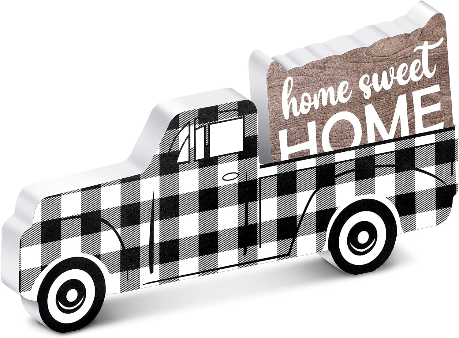 Jetec Wooden Pickup Truck, Black and White Plaid Wooden Ornament, Home Sweet Home Wooden Decor for Window Shelf Desk and Home Decor
