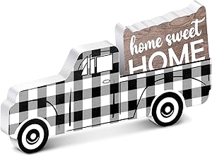 Jetec Wooden Pickup Truck, Black and White Plaid Wooden Ornament, Home Sweet Home Wooden Decor for Window Shelf Desk and Home Decor