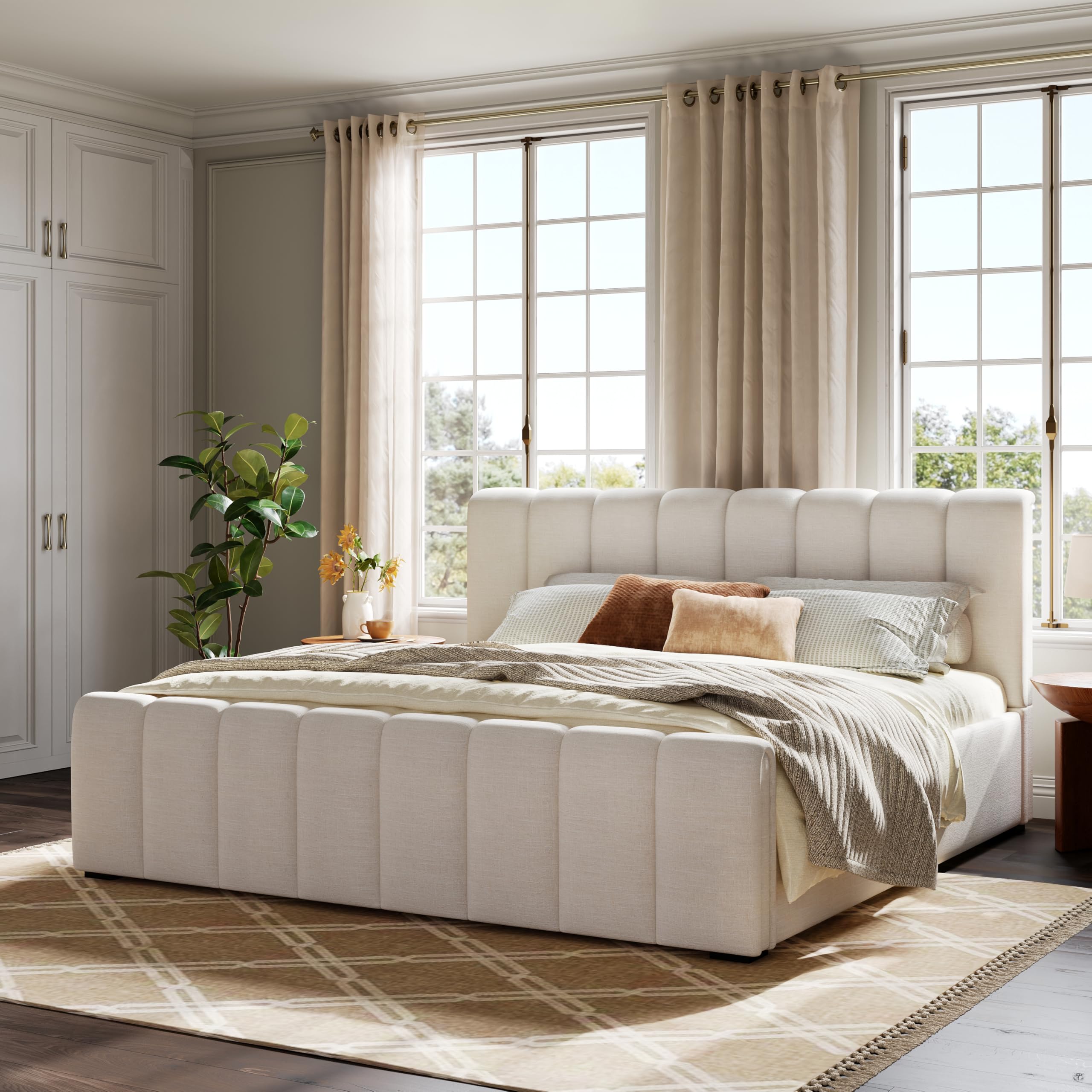 Photo 1 of *** 1 of 2 partial set ***Merax King Size Upholstered Platform Bed with Thick Headboard and Footboard, Block Style Linen Fabric Bed Frame with Solid Wood Legs, Beige