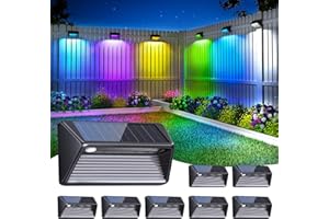 WdtPro Solar Outdoor Fence Lights - 8 Pack Bright Led Solar Powered, Waterproof Cool White & RGB Color Changing Fence & Deck Step Lights for Outside Wall, Stairs, Patio, Yard, Pool