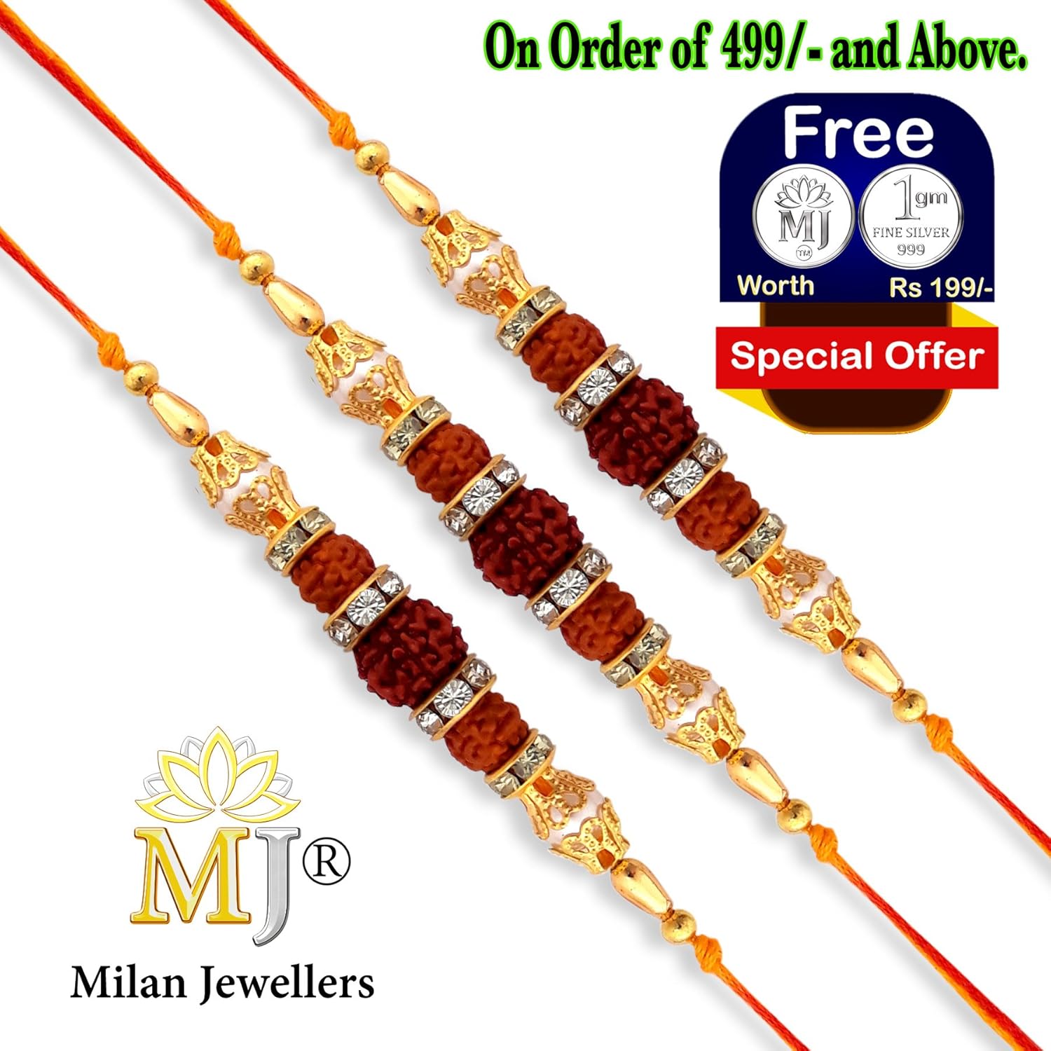 milan jewellers designer orignal rudraksh bracelet rakhi (pack of 3)