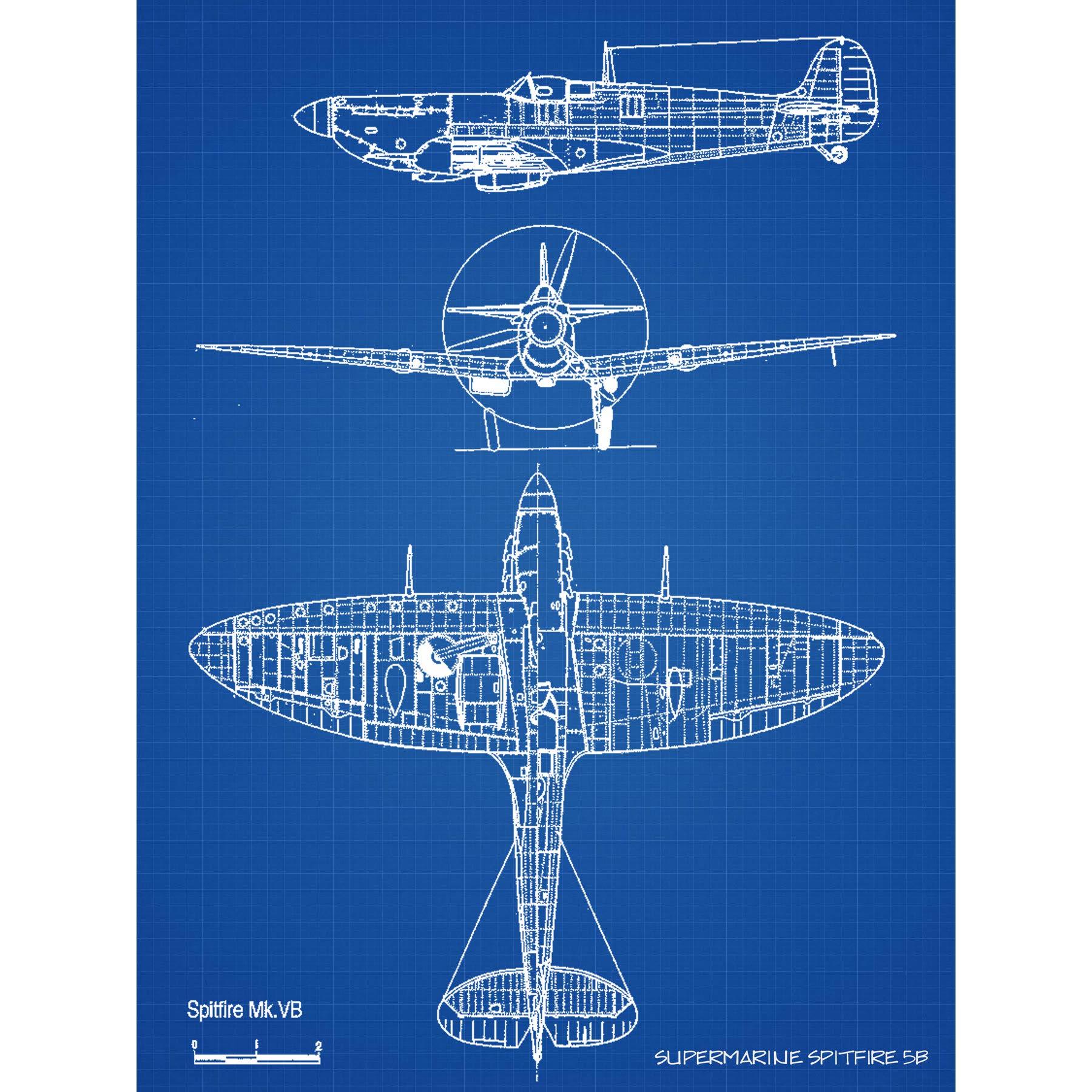 Artery8 Supermarine Spitfire 5b Fighter Plane Blueprint Plan Premium Wall Art Canvas Print 18X24 Inch