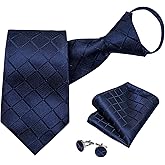 DiBanGu Silk Zipper Ties for Men,Paisley Solid Plaid Pre-tied Tie and Pocket Square Cufflinks Set Formal Adjustable Necktie
