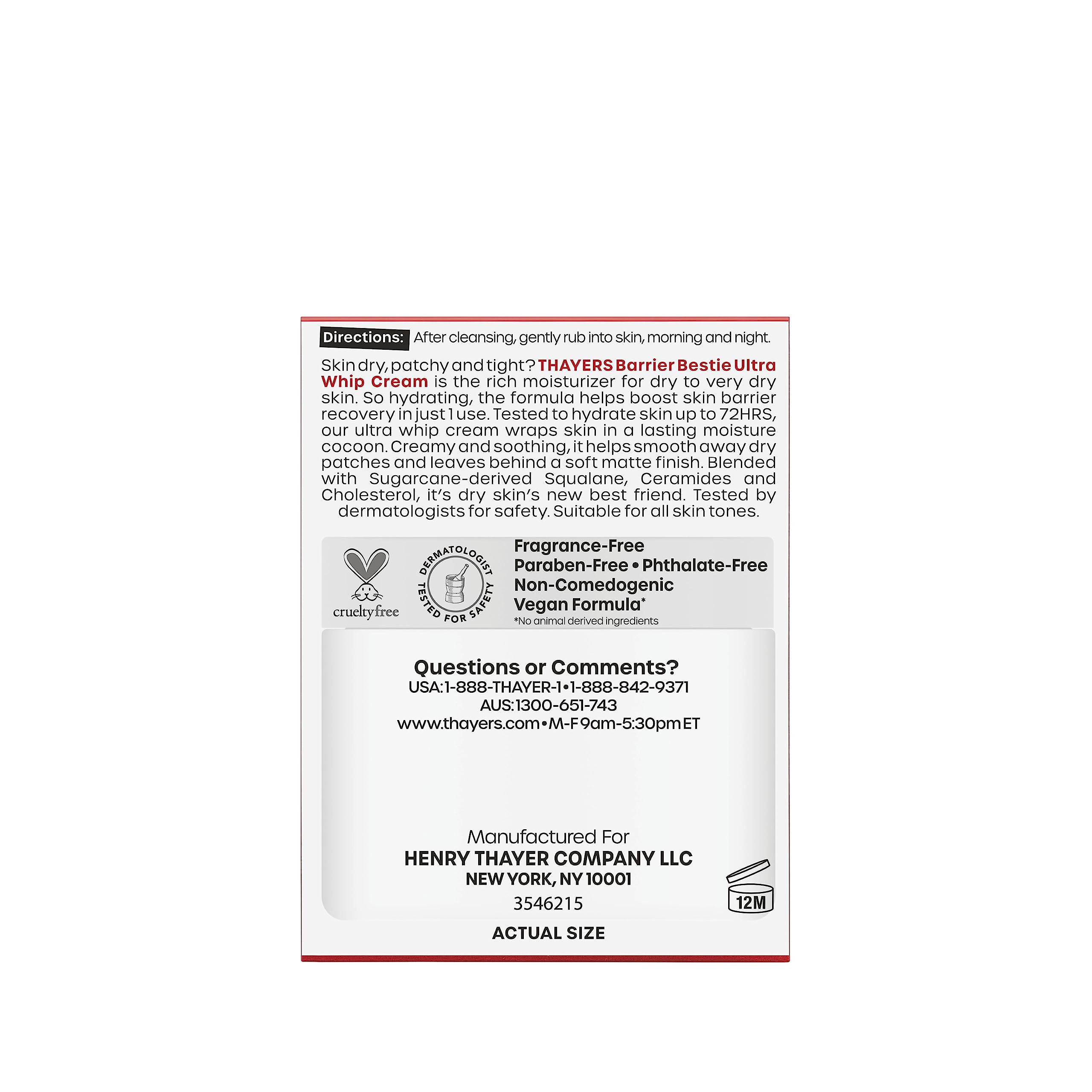 THAYERS Barrier Bestie Ultra Whip Face Cream, Moisturizer with Sugarcane Squalane and Ceramides, Skin Care for Dry to Very Dry Skin, 2.0 Oz