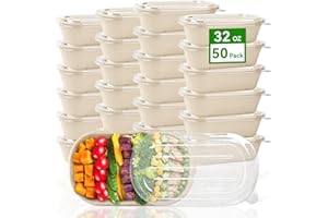 ZORRITA 50 Pack 32 oz Disposable Meal Prep Containers, Sugarcane Fiber Paper Salad Bowls with Lids Take Out Food Container for Pasta, Burrito, Leftovers