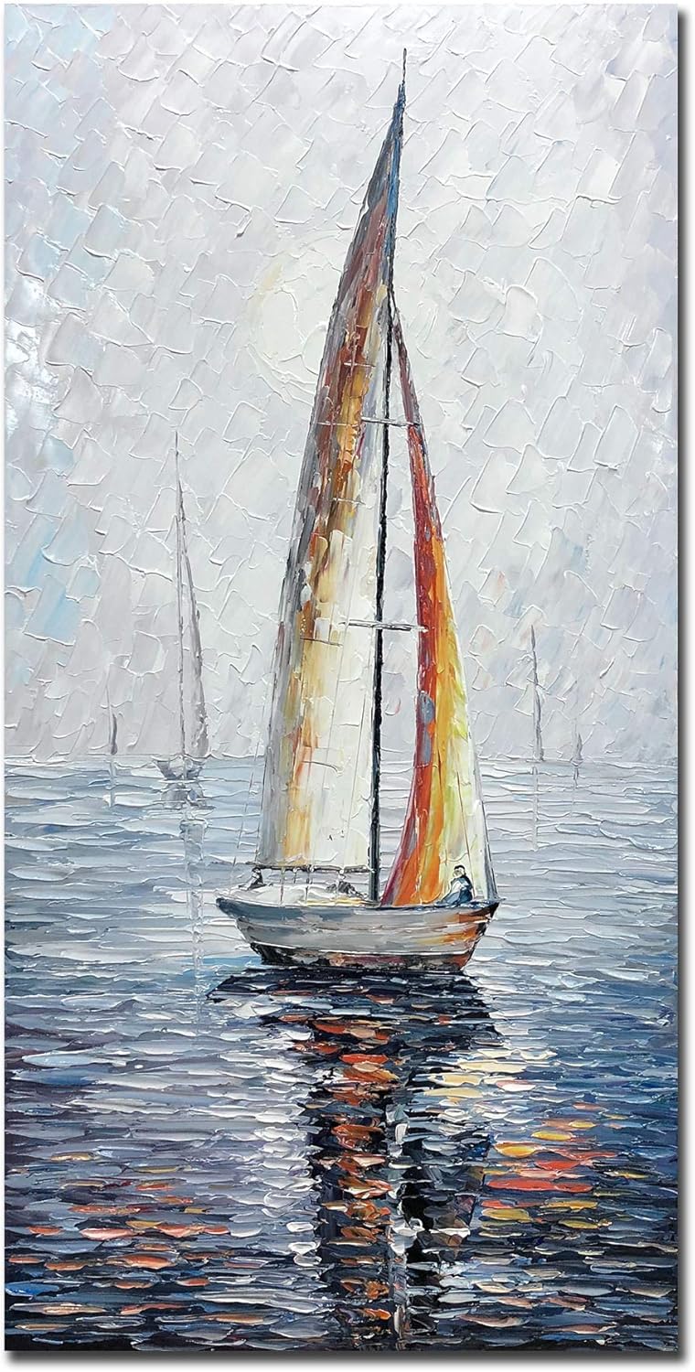 Paintings - V-inspire Art,24X48 Inch Modern Abstract Hand Painted Oil Paintings Sailing Boat On The Sea Acrylic Canvas Hanging Painting Living Room Bedroom Wall Art Home Decoration