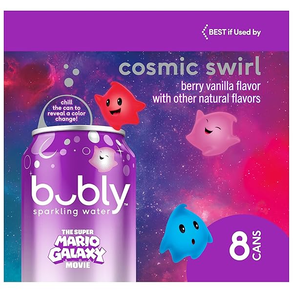 BUBLY SPARKLING WATER, THE SUPER MARIO GALAXY MOVIE COSMIC SWIRL, ZERO SUGAR & ZERO CALORIES, 12 FL OZ CANS (PACK OF 8)