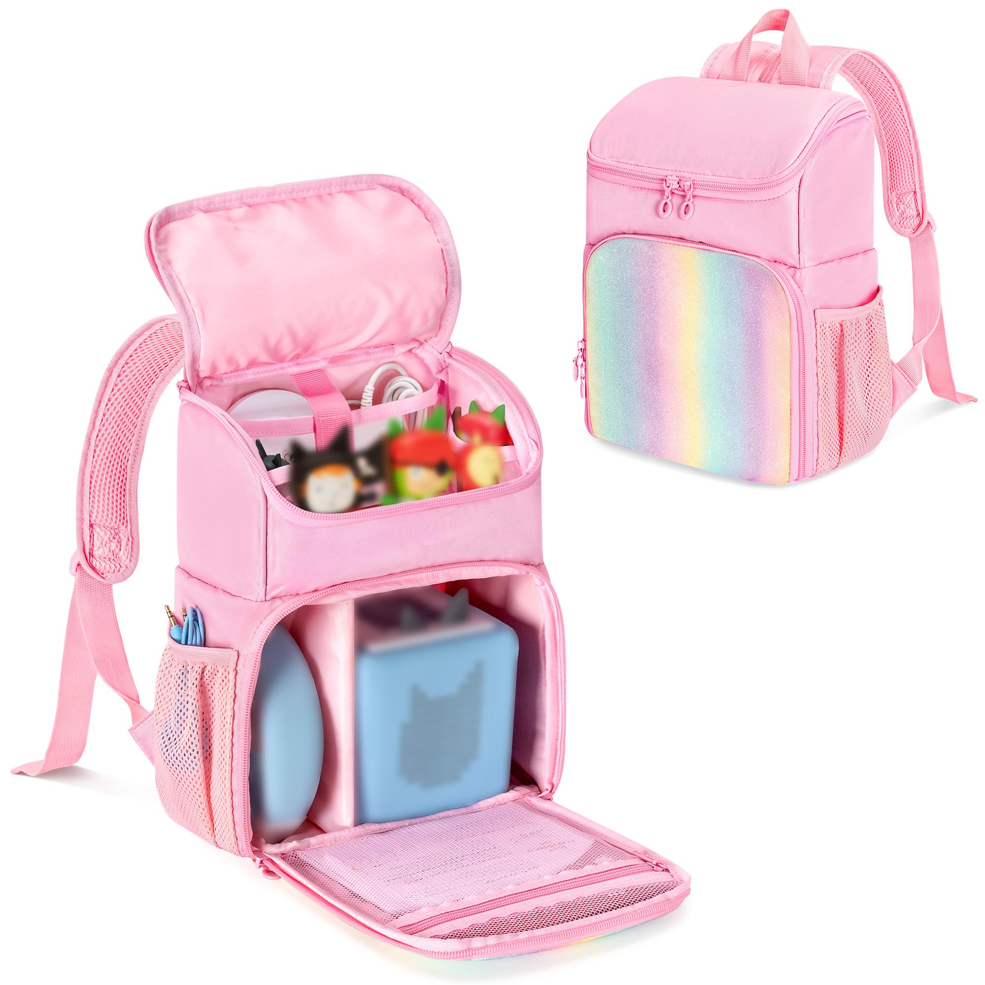 LoDrid Backpack Compatible with Tonie 2/1, Portable Bag for Audio Player with 3 Clear Pockets for Figures and Multiple Pockets for Charger & Headphone, Pink