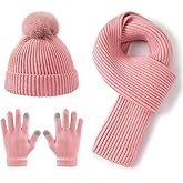 Lallier 3Pcs Kids Hat Scarf and Snow Gloves Set, Winter Knit Warm Soft Pom-Pom Beanie Outdoor for Boys Girls and Toddlers